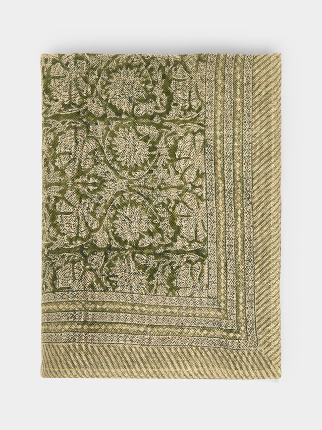 Chamois - Paradise Block-Printed Linen Rectangular Tablecloth - Green - ABASK - 