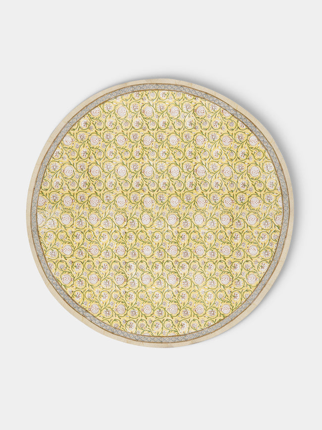 Chamois - Tangier Pomegranate Block-Printed Cotton Round Tablecloth (86.5in/2.2m) - Yellow - ABASK - 