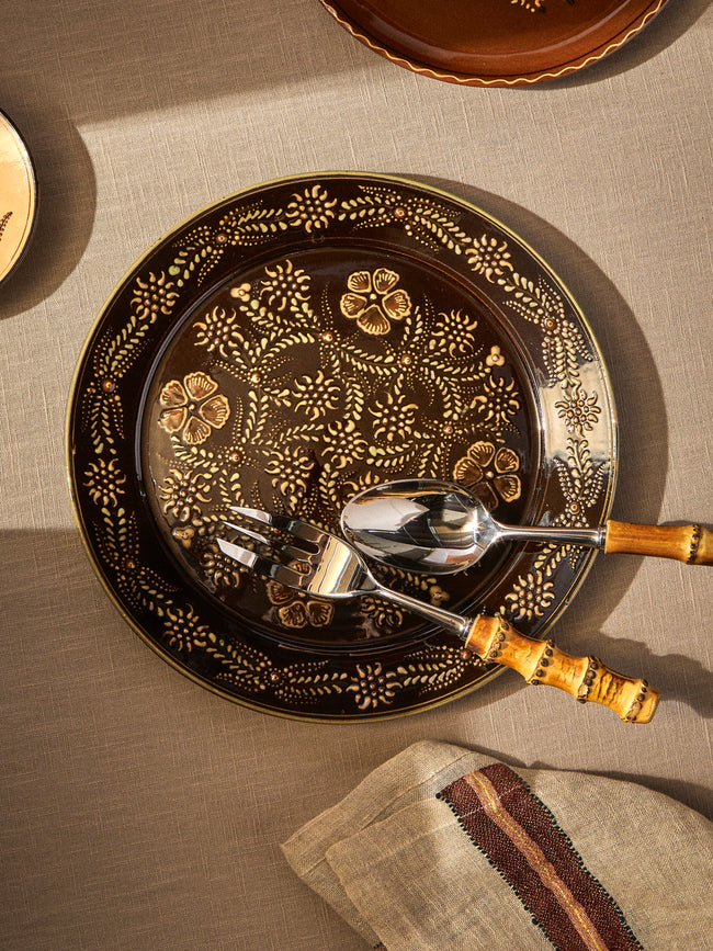 Poterie d’Évires - Flowers Hand-Painted Ceramic Round Platter - Dark Brown - ABASK