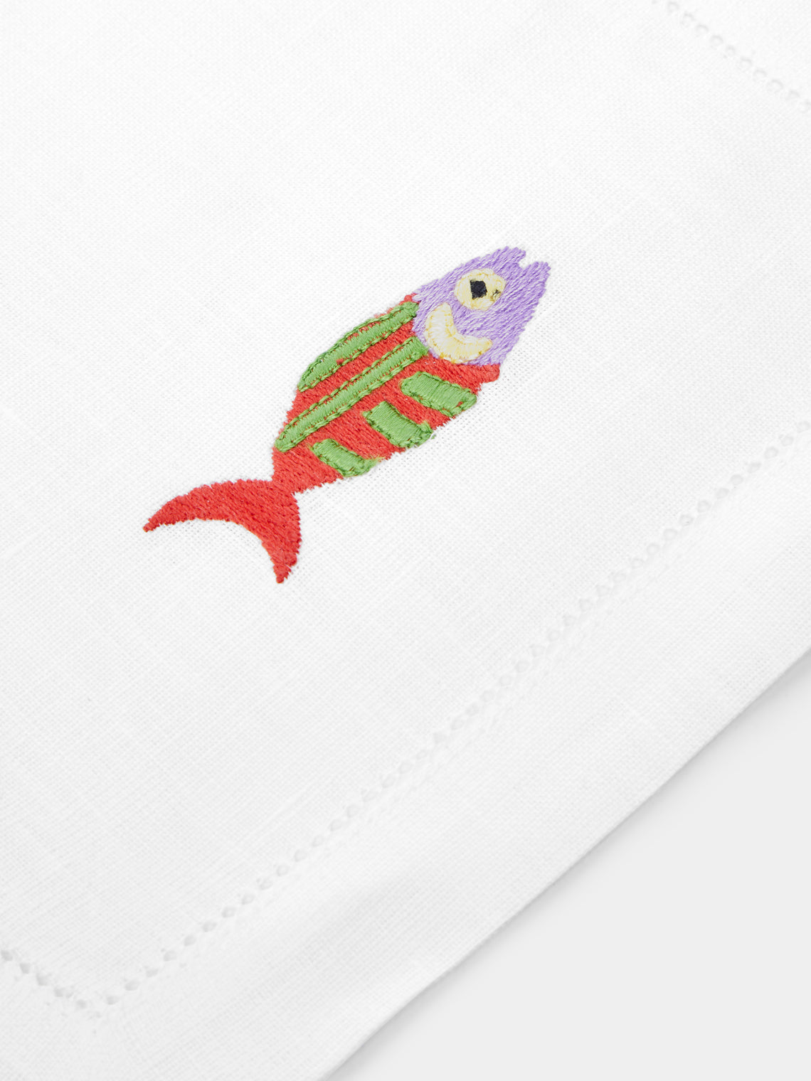 Loretta Caponi - Mendini Fish Hand-Embroidered Linen Cocktail Napkins (Set of 6) -  - ABASK