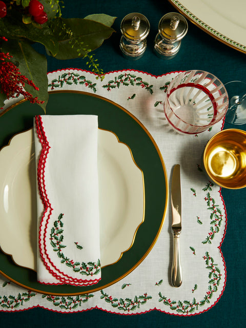 Loretta Caponi - Holly Hand-Embroidered Linen Placemats and Napkins (Set of 2) -  - ABASK
