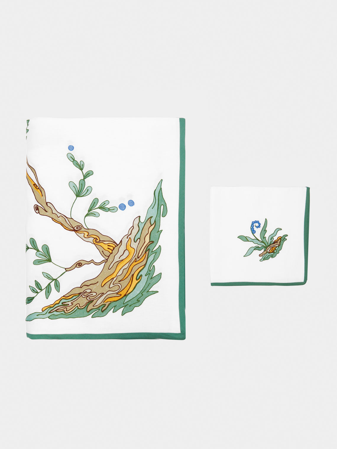 Loretta Caponi - Bonsai Hand-Embroidered Linen Tablecloth and Napkins (Set of 12) - Multiple - ABASK - 