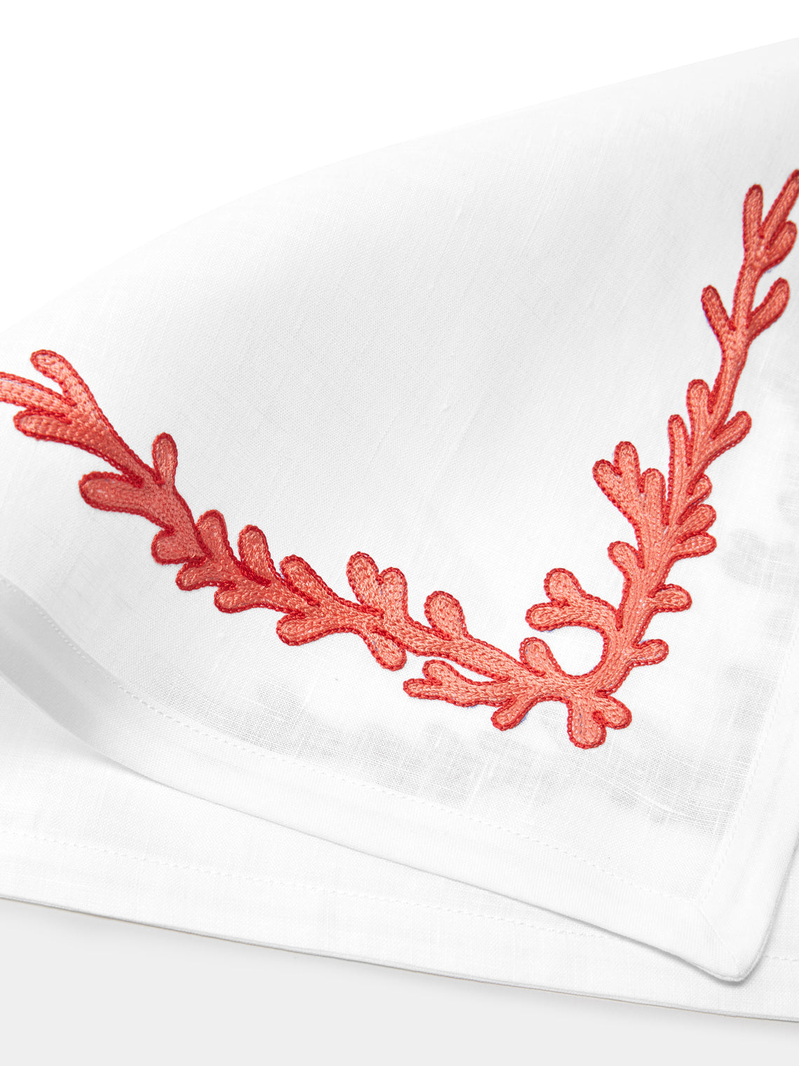 Loretta Caponi - Coral Hand-Embroidered Linen Table Runner -  - ABASK