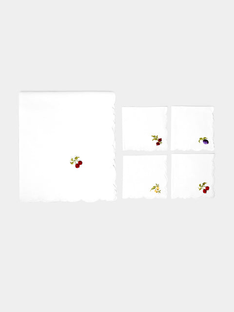 Taf Firenze - Motivi Frutta Procellana Hand-Embroidered Linen Tablecloth and Napkins (Set of 12) -  - ABASK - 