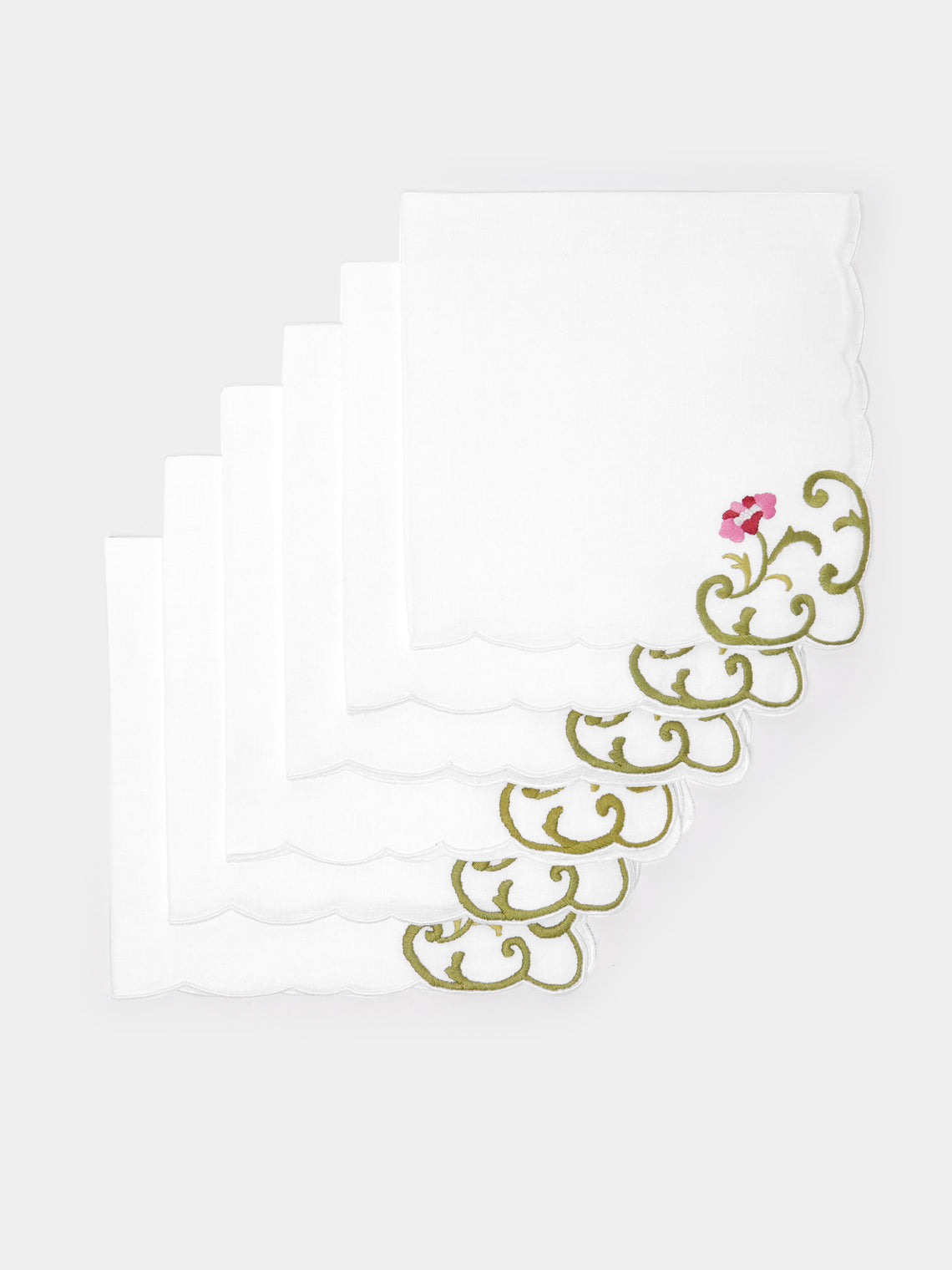 Taf Firenze - Rose Hand-Embroidered Linen Placemats and Napkins (Set of 6) -  - ABASK