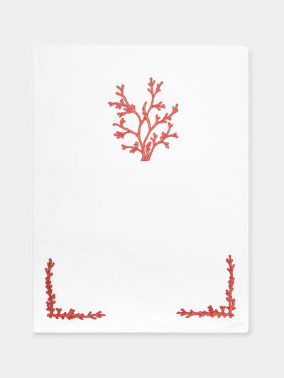Loretta Caponi - Coral Hand-Embroidered Linen Table Runner -  - ABASK - 