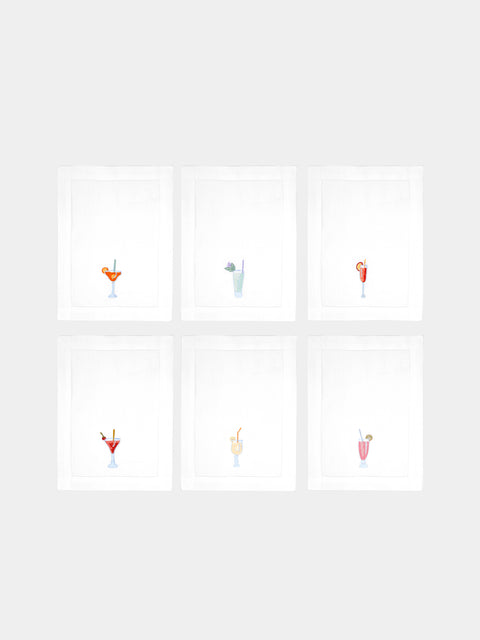 Loretta Caponi - Aperitivo Hand-Embroidered Linen Cocktail Napkins (Set of 6) -  - ABASK