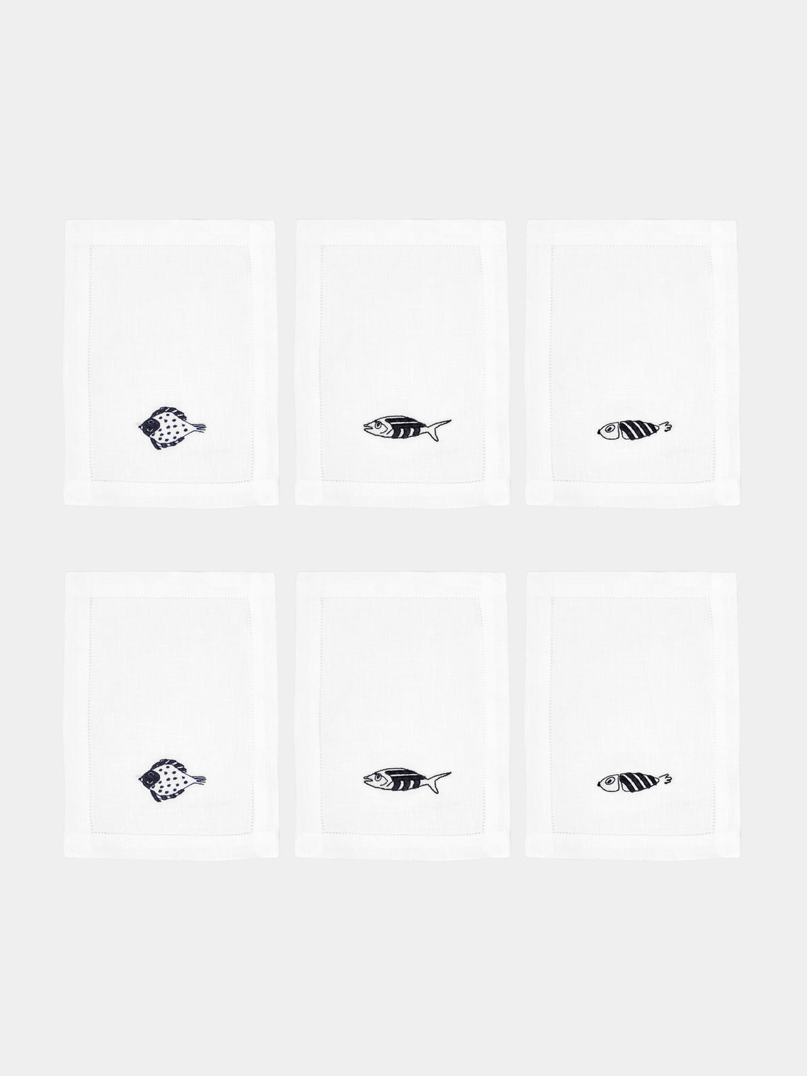 Loretta Caponi - Mendini Fish Hand-Embroidered Linen Cocktail Napkins (Set of 6) -  - ABASK