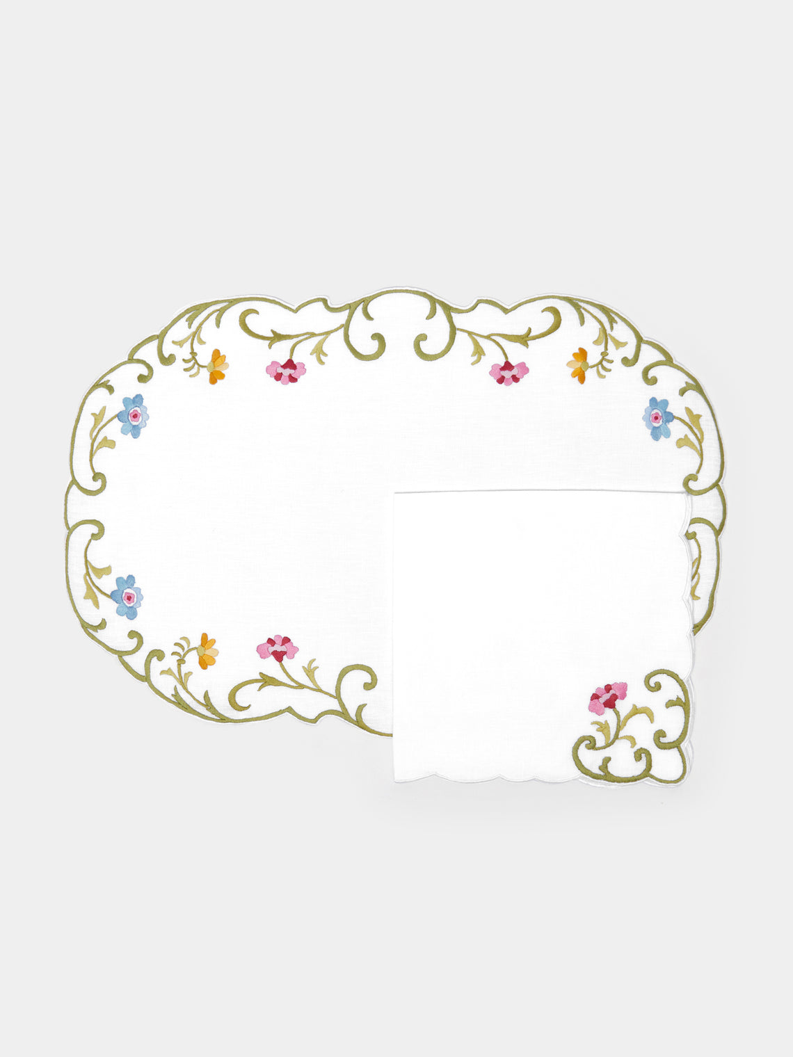 Taf Firenze - Rose Hand-Embroidered Linen Placemats and Napkins (Set of 6) -  - ABASK - 