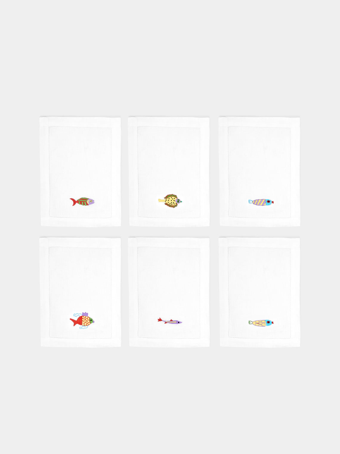Loretta Caponi - Mendini Fish Hand-Embroidered Linen Cocktail Napkins (Set of 6) -  - ABASK