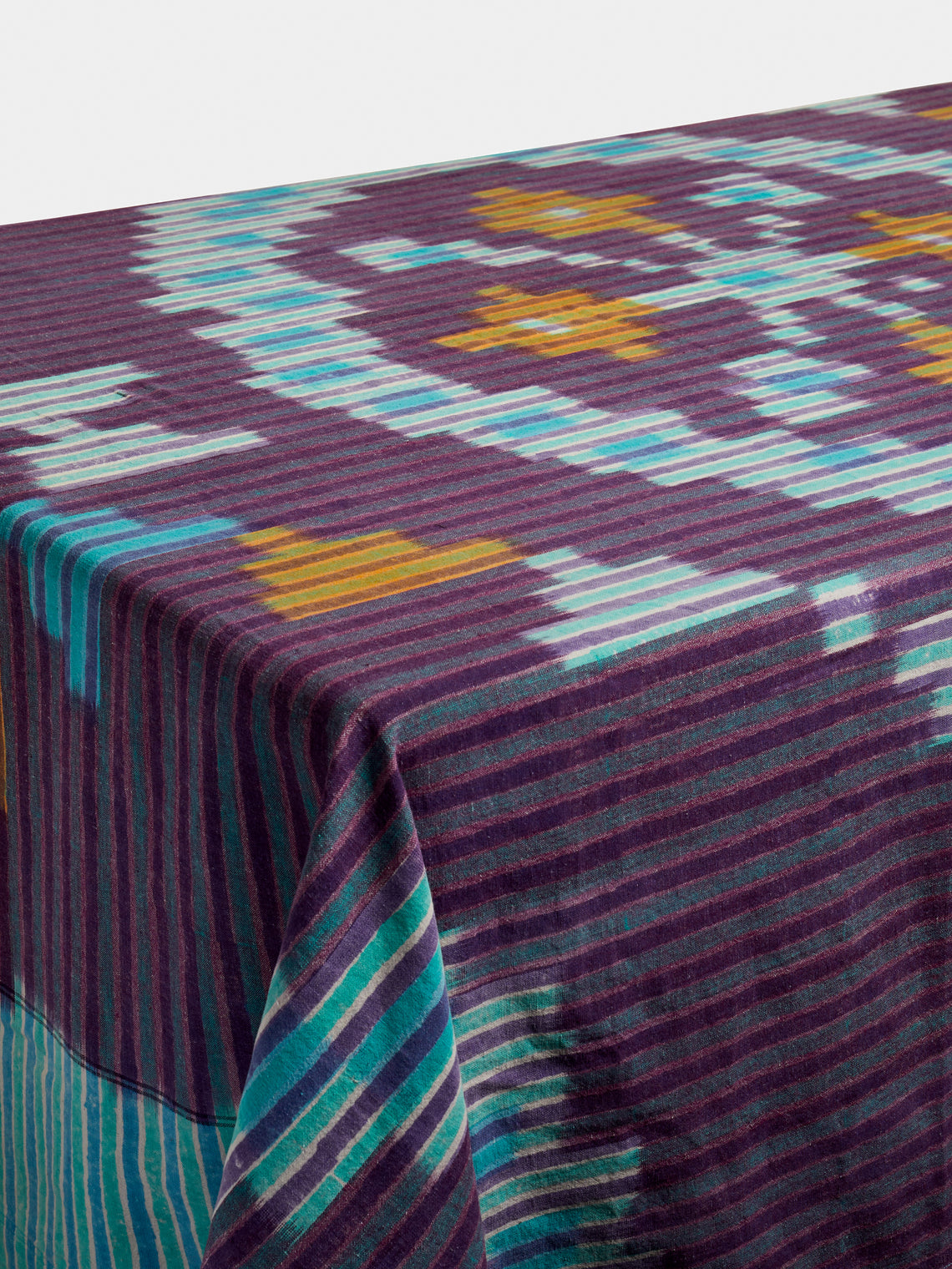 Gregory Parkinson - Midnight Aqua Stripe Block-Printed Cotton Rectangular Tablecloth -  - ABASK