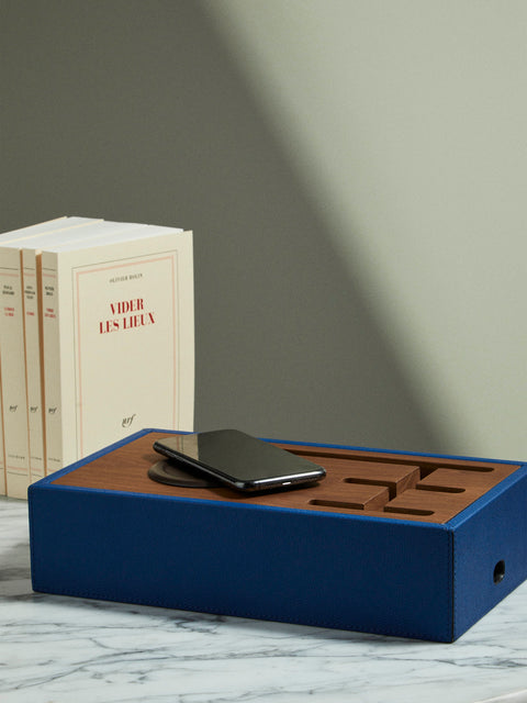 Giobagnara - Simon Leather and Wood Wireless Charging Station - Blue - ABASK