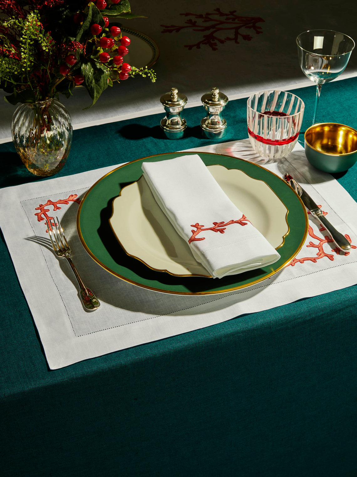 Loretta Caponi - Coral Ajour Hand-Embroidered Linen Placemats and Napkins (Set of 2) -  - ABASK