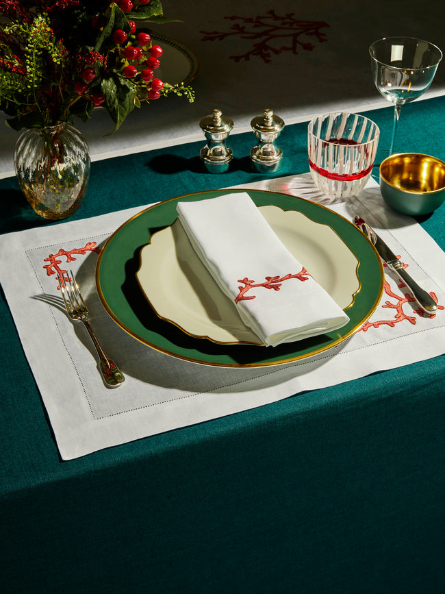 Loretta Caponi - Coral Ajour Hand-Embroidered Linen Placemats and Napkins (Set of 2) -  - ABASK