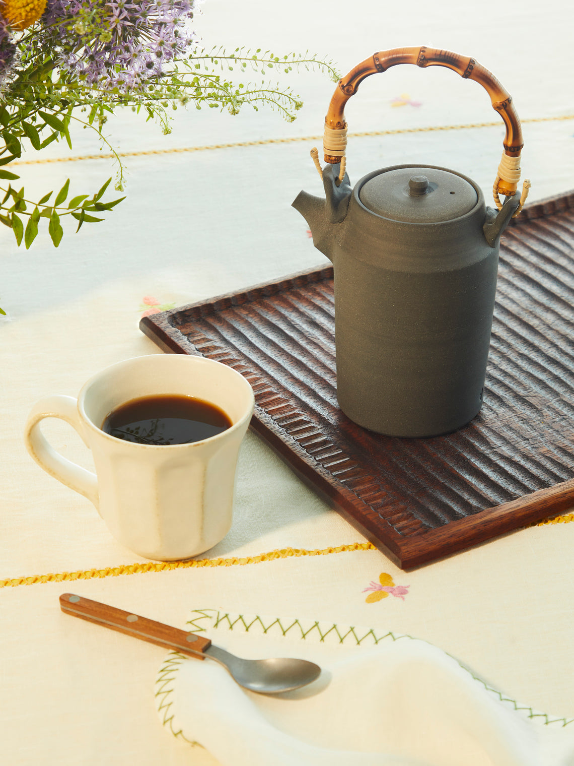 Ido Ferber - Black Clay and Silk Glaze Tall Pot with Bamboo Handle -  - ABASK