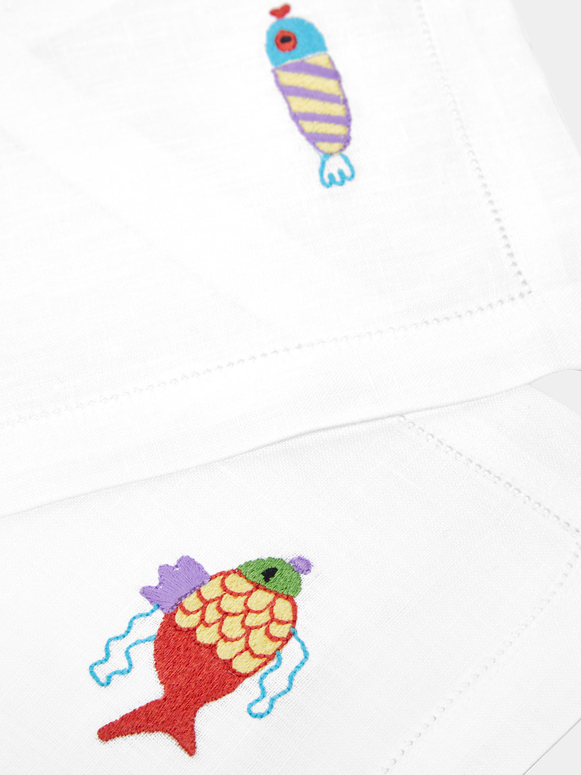 Loretta Caponi - Mendini Fish Hand-Embroidered Linen Cocktail Napkins (Set of 6) -  - ABASK