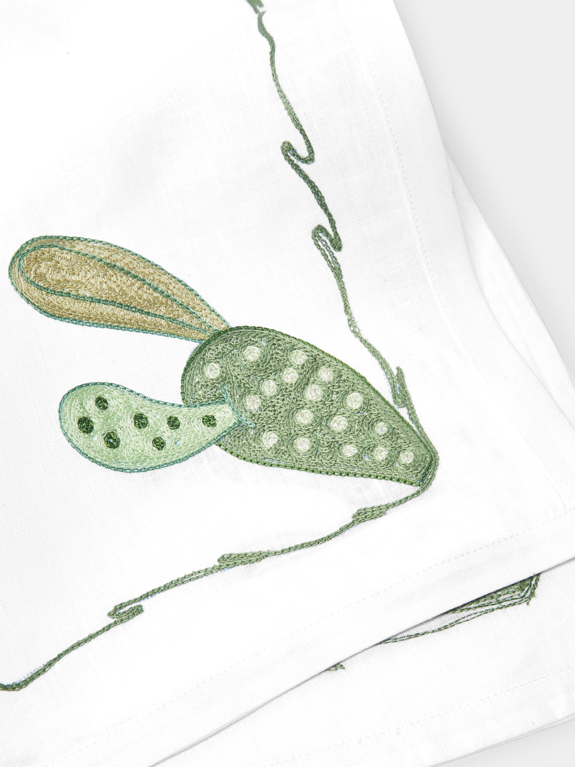 Loretta Caponi - Cactus Hand-Embroidered Linen Table Runner -  - ABASK